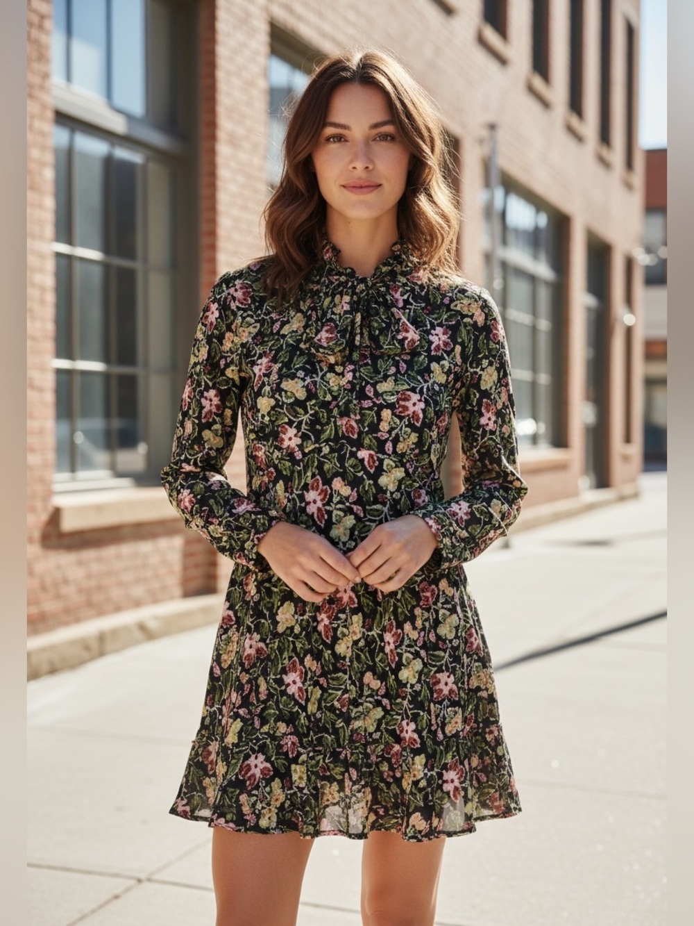 Zara Black Floral Tie-Neck Long Sleeve Mini Dress